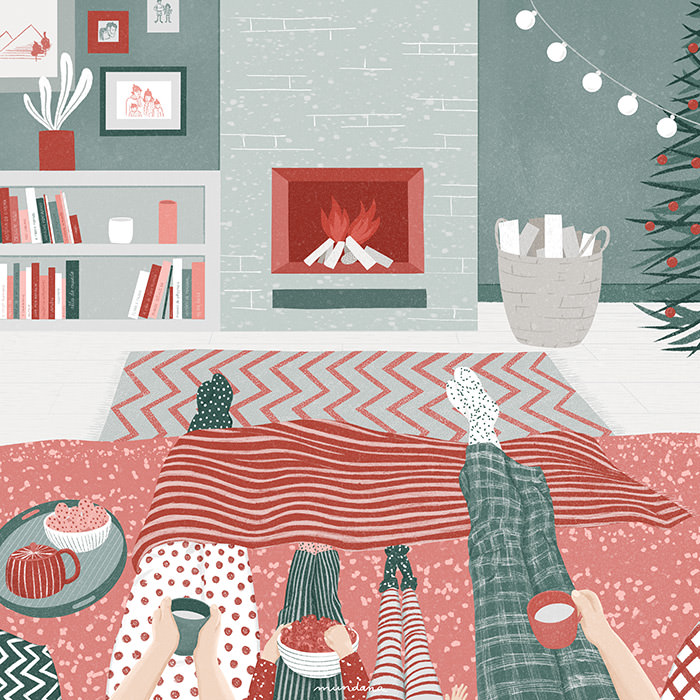 christmas day cozy family home tree fireplace lareira natal conforto quente família joana mundana - ilustração